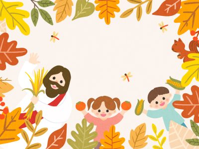 Children,Celebrating,Thanksgiving,Day,,Characters,Holding,Fruits,And,Thanking,Thanksgiving